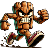 AI generated Angry Wooden Monster Running Front View, Cartoon Style Transparent Background png