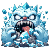 AI generated ice monster cartoon eating stone illustration png