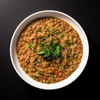 AI generated lentil soup closeup photo