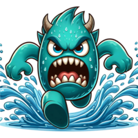 AI generated Angry Water Monster Running Front View, Cartoon Style Transparent Background png