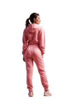 AI generated Rear backside view of female runner in hooded sweatshirt. Full body length portrait isolated on transparent background. png