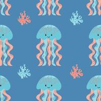 Seamless pattern with cute cartoon jellyfish. Vector illustration.