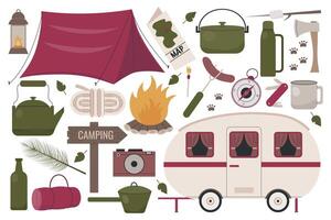 Large vector set with cartoon style camping illustrations.