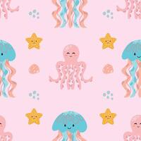 Seamless pattern with cute cartoon jellyfish and octopus. Vector illustration.