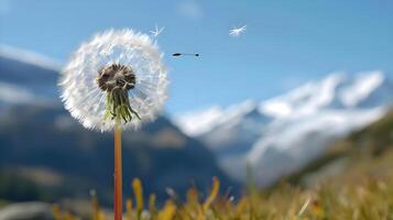 ai generado un diente de león soplo en el viento con montañas en el antecedentes foto