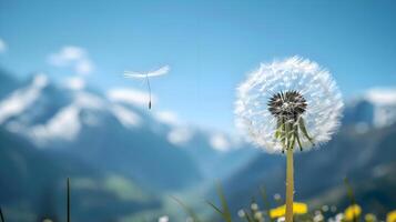 AI generated a dandelion blowing in the wind with mountains in the background photo