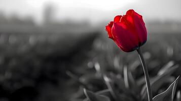 AI generated a single red tulip in a black and white photo