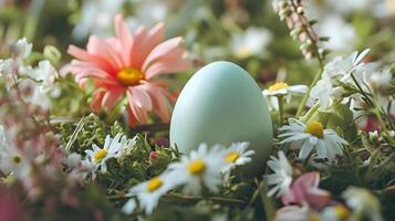 AI generated a blue egg sitting on top of a field of flowers photo