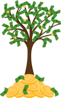 Wealth accumulation and the compounding of money invested in businesses resulting in the growth of numerous coins and banknotes, akin to a flourishing tree. png