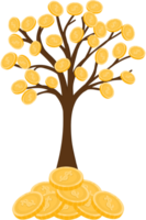 Wealth accumulation and the compounding of money invested in businesses resulting in the growth of numerous coins and banknotes, akin to a flourishing tree. png