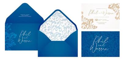 wedding invitation card envelope set design with blue and gold foil ornamental templates for Stationery, Layouts, collages, scene designs, event flyer, Holiday celebration cards papers printing covers vector