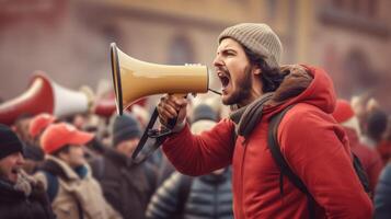 AI generated Big sale. Emotional portrait of marketing professional with megaphone. photo