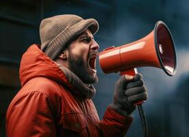 AI generated Big sale. Emotional portrait of marketing professional with megaphone. photo