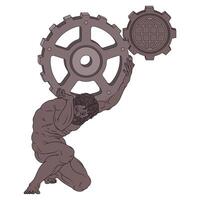 Vector design of titan Atlas holding cogwheels on his shoulders, titan from Greek mythology holding gears