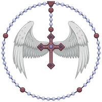 Vector design of winged cross with Christian rosary, heavenly cross with wings, symbology of the Catholic religion