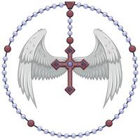 Vector design of winged cross with Christian rosary, heavenly cross with wings, symbology of the Catholic religion