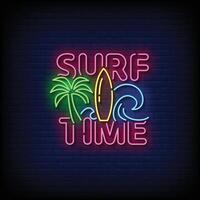 Neon Sign surf time with brick wall background vector