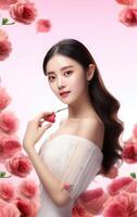 AI generated a woman in white dress surrounded by pink roses photo