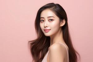 AI generated beautiful asian woman with long hair and pink background photo