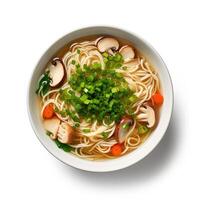 AI generated noodle soup closeup isolated on plain background photo