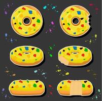 Illustration on theme big set different types sticky donuts, sweet doughnuts various size vector