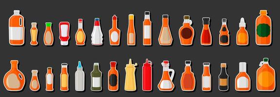 ilustración sobre el tema kit grande botellas de vidrio variadas llenas de jarabe de caramelo líquido vector