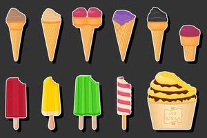 Illustration on theme big kit ice cream different types in cone waffle cup vector