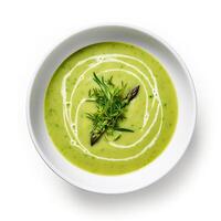 AI generated Asparagus soup closeup isolated on white background photo