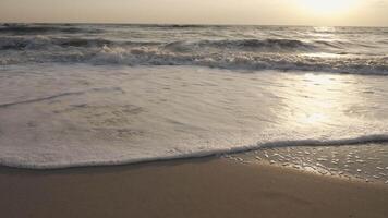 langzaam beweging van beeldmateriaal van strand en zee Bij zonsopkomst video