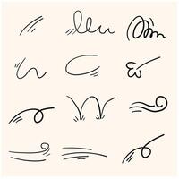 Wind doodle line shape set. Air wind flow, spiral, curve hand drawn doodle element. Illustration style doodle and line art vector