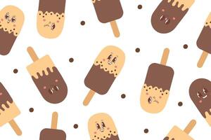 Seamless pattern of ice cream on a stick in kawaii style. Vector illustration on white background.