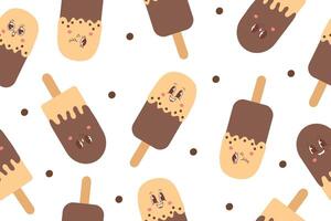 Seamless pattern of ice cream on a stick in kawaii style. Vector illustration on white background.