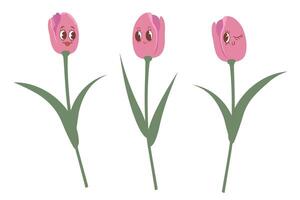 Vector set of isolated pink tulips. Tulips in the style of kawaii