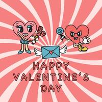 Cute cartoon hearts on retro style background. Cute love symbols with faces in different poses, arms and legs, funny positive emotions. Vector illustration for Valentine's Day