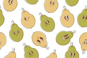 Seamless pattern of pears in kawaii style with eyes. Happy cute cartoon pear emoticon set. Vector illustration of healthy vegetarian food. Vector