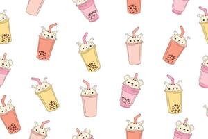 Bubble milk tea funny seamless pattern. Hand drawn kawaii smiled drinks with tapioca pearls. Cute cartoon vector illustration. Colorful background with ice tea characters. Vector illustration