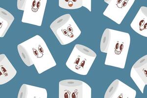 Seamless pattern with cute kawaii cartoon toilet paper rolls with faces. . Vector illustration