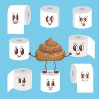 un juego de rollos de papel higiénico en diferentes posiciones. ilustración de un turd marrón. inodoro y elemento de baño. Higiene y sanidad. ilustración plana de dibujos animados vector