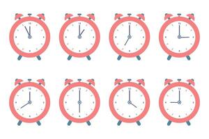 Set of red alarm clocks. Vector illustration in flat style isolated on white background.