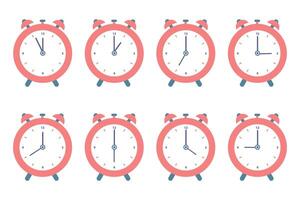 Set of red alarm clocks. Vector illustration in flat style isolated on white background.