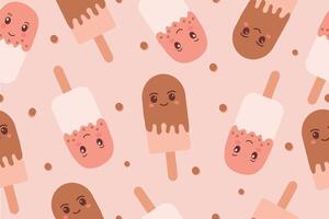 Seamless pattern of ice cream on a stick in kawaii style. Vector illustration on pink background.