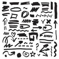 Handmade marker strokes. Marker lines, marker stripes and highlight elements, vector illustrations of permanent markers in the form of check marks, heart, arrows with different direction.