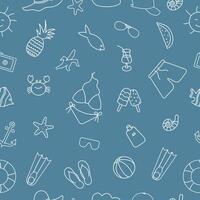 Summer seamless pattern, hand-drawn in doodles. Suitable for printing, textiles, backgrounds, wallpaper, wrapping paper, packaging. Blue background. Vector illustration