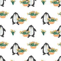 A seamless pattern depicting penguins with yellow tulips, bouquets of tulips, baskets with tulips. International Women's Day.Postcard for March 8. Words of congratulations on Women's Day.From March 8 vector