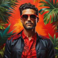 AI generated A man with fiery red sunglasses stands in front of a vibrant tropical background photo