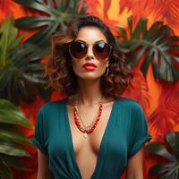 AI generated A woman with fiery red sunglasses stands in front of a vibrant tropical background photo