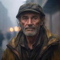 AI generated A dirty homeless gentleman with detailed face in a foggy background photo