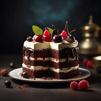 AI generated A slice of black forest sponge cake photo