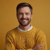 AI generated A man in a yellow sweater on a yellow background photo