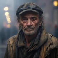 AI generated A dirty homeless gentleman with detailed face in a foggy background. photo